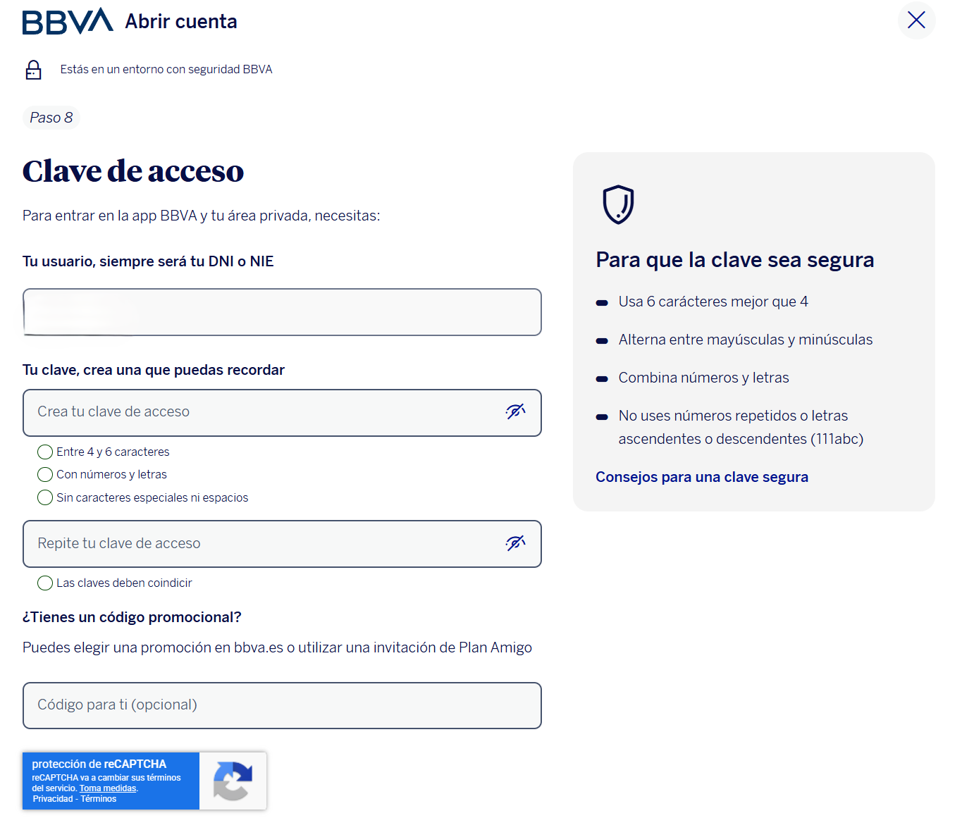 Captura de pantalla del formulario BBVA mostrando el campo para introducir el código amigo en el paso 8